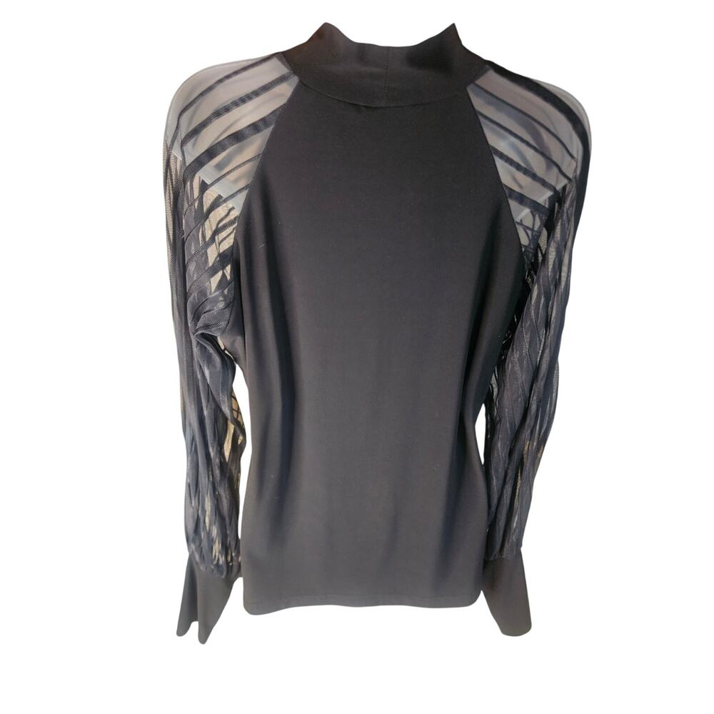 Joseph Ribkoff Black Striped Sheer sleeved Top Sz 14 US Solid cuffs - Picture 2 of 8